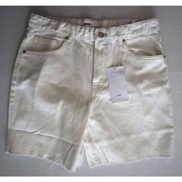 Bershka Women's Sz 40 US 8 White High Waisted Raw Hem Longline Denim Shorts - Picture 1 of 8